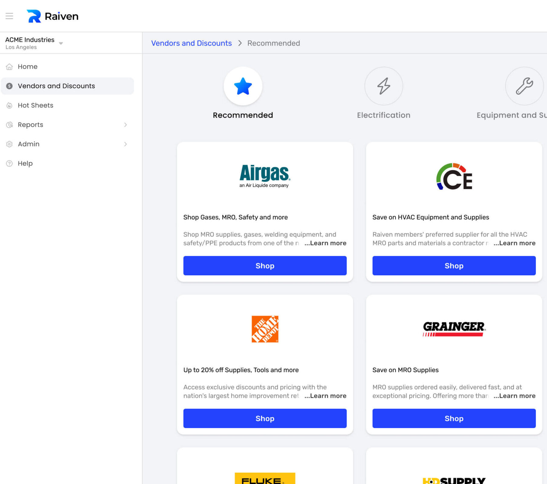 Screenshot of Raiven platform - vendors and discounts