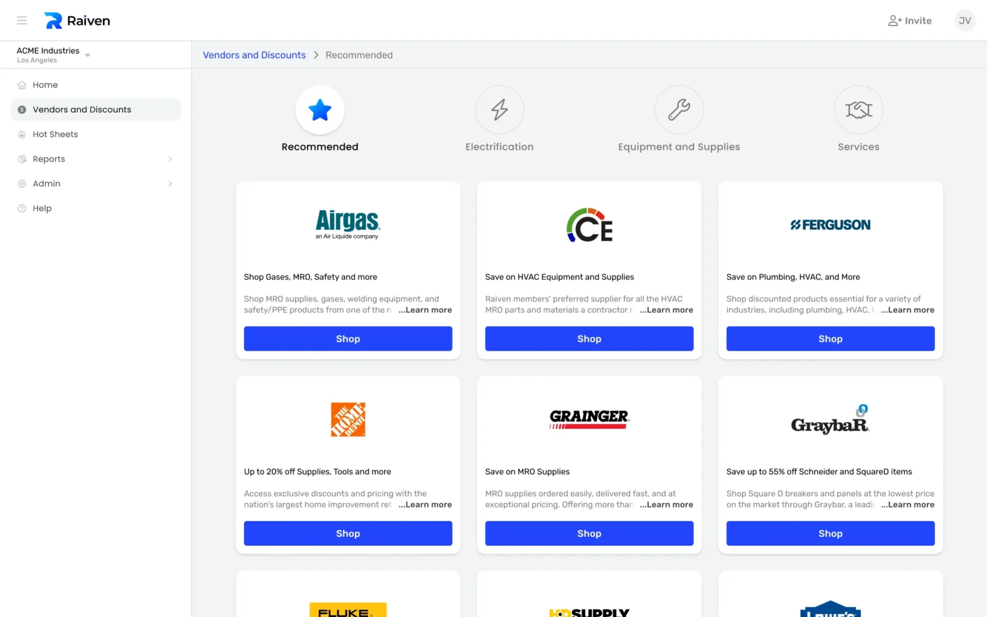 Screenshot of a webpage displaying a vendor recommendation platform. Multiple vendor logos, including Grainger and Ferguson, are shown with Shop buttons. Navigation options on the left sidebar include Home, Hot Sheets, and Reports.