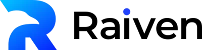Raiven logo on a transparent background. A stylized letter R in gradient blue transitioning to black and a small blue dot above it.