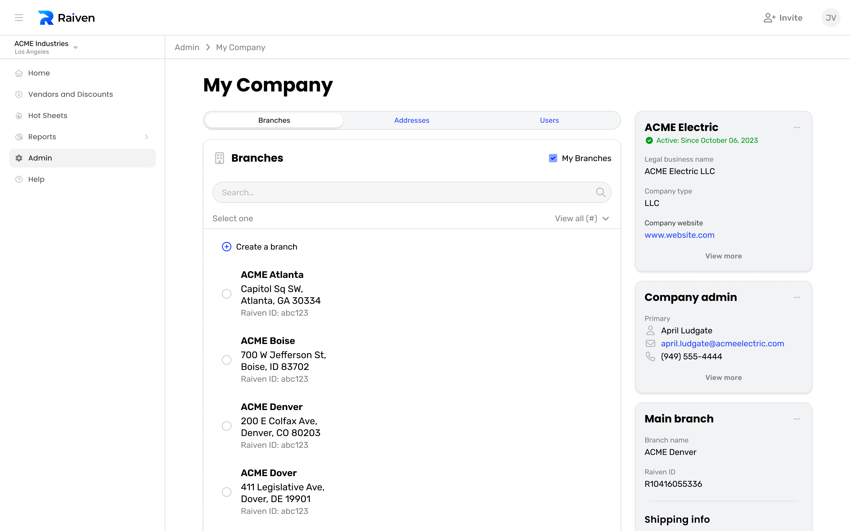Admin and branches on the Raiven platform