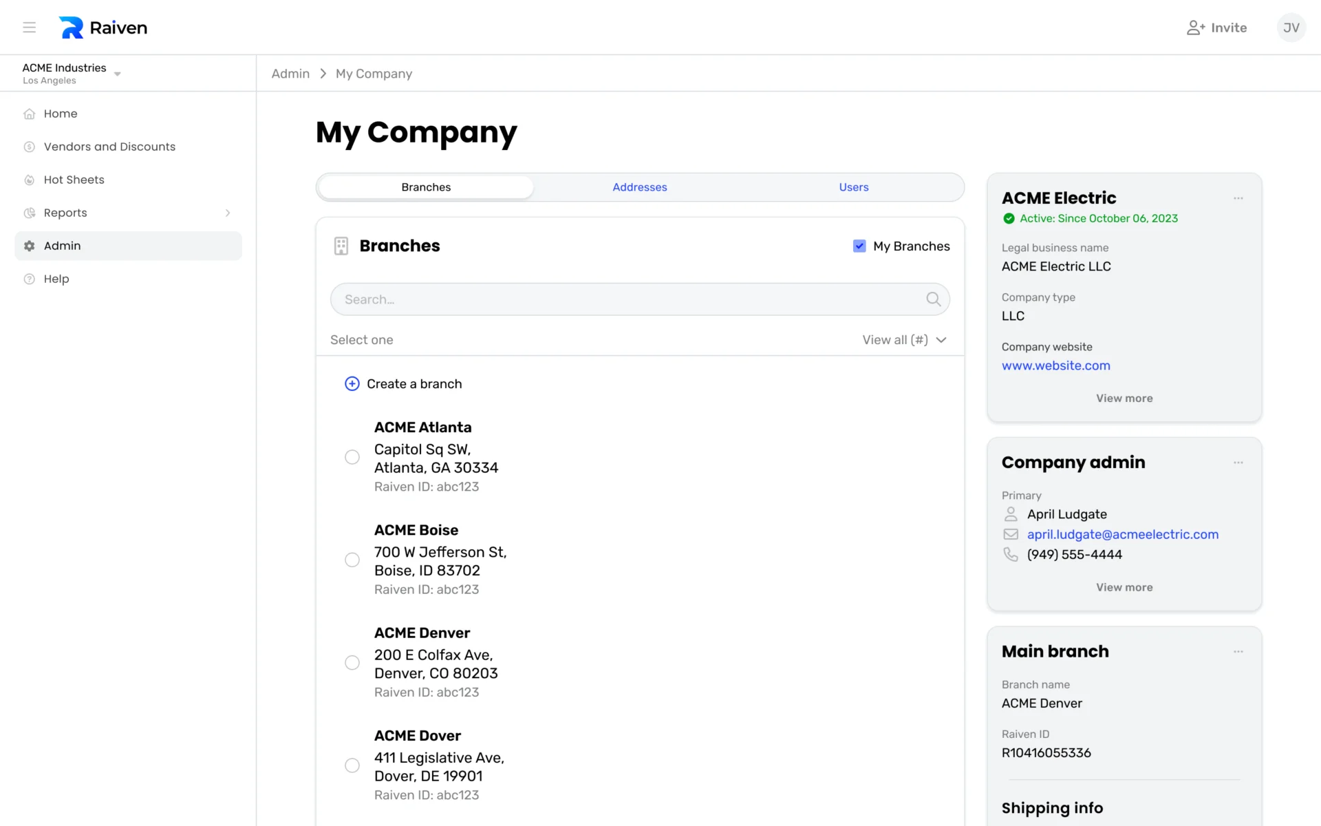 Admin and branches on the Raiven platform