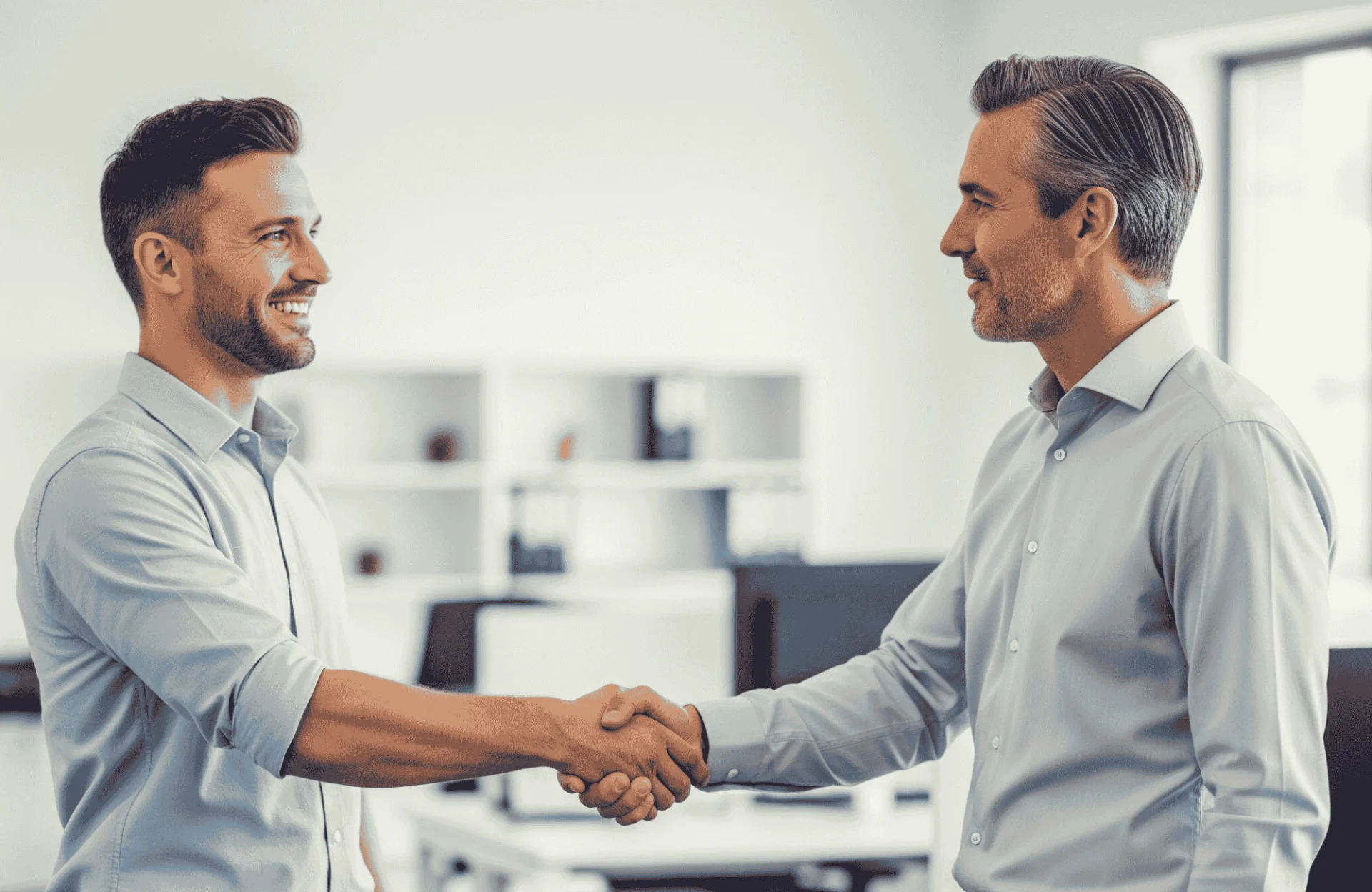 electrical contractor and businessman shake hands after agreeing on purchase order software from Raiven