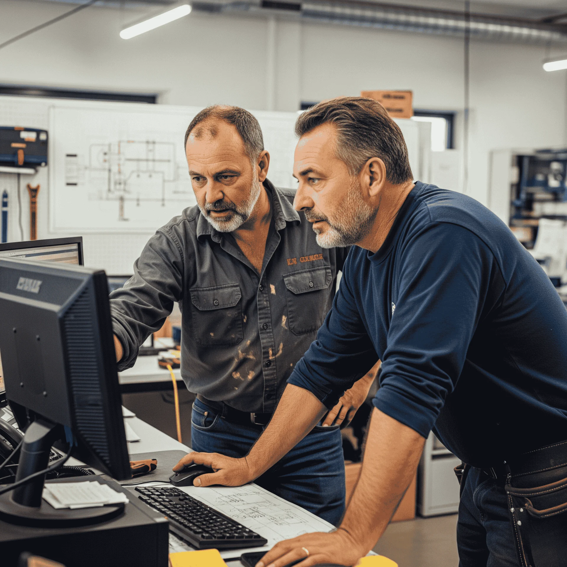 electricians collaborating on a computer
