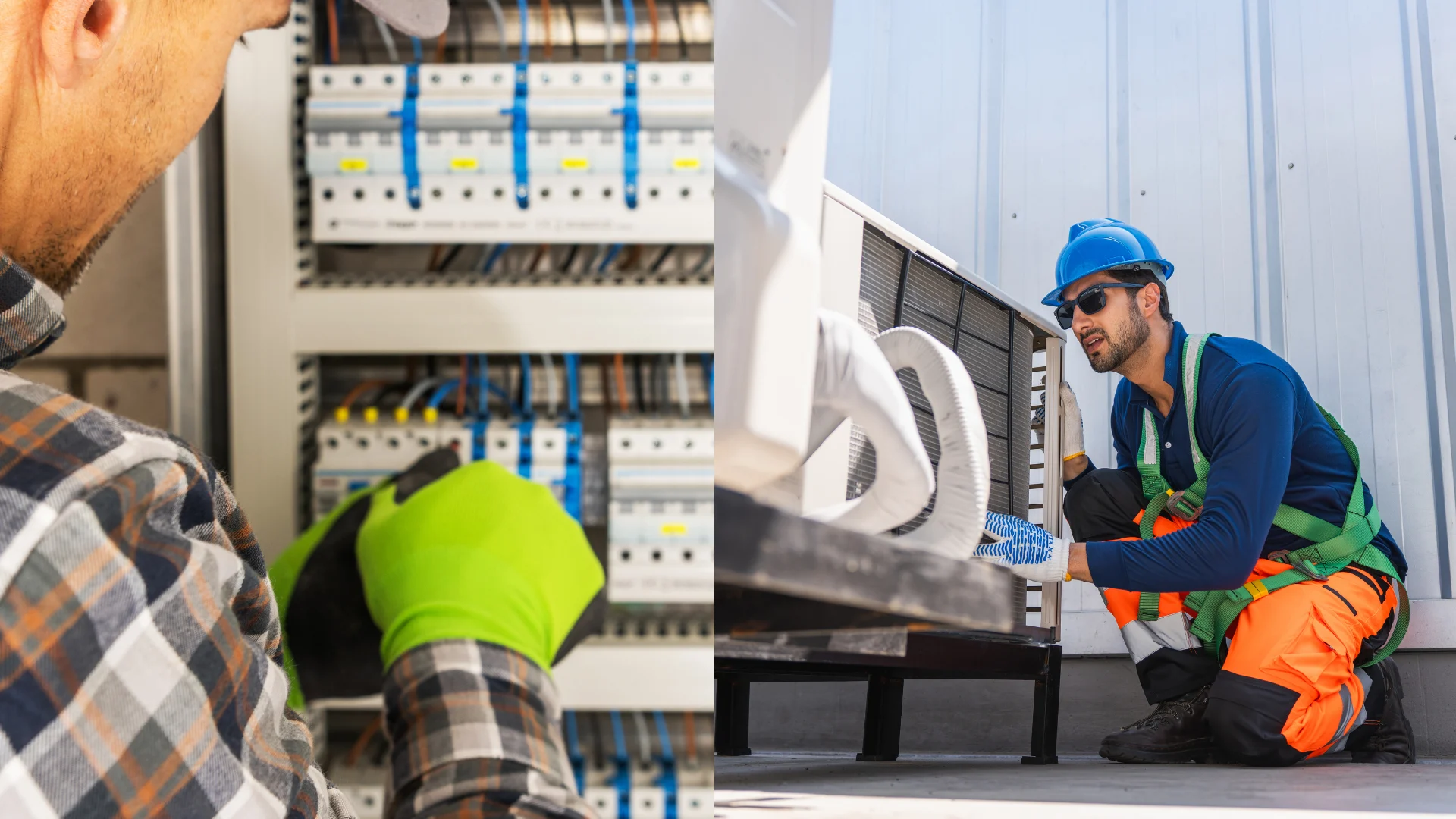 electrical contractor working on a panel and commercial hvac tech inspecting hvac unit