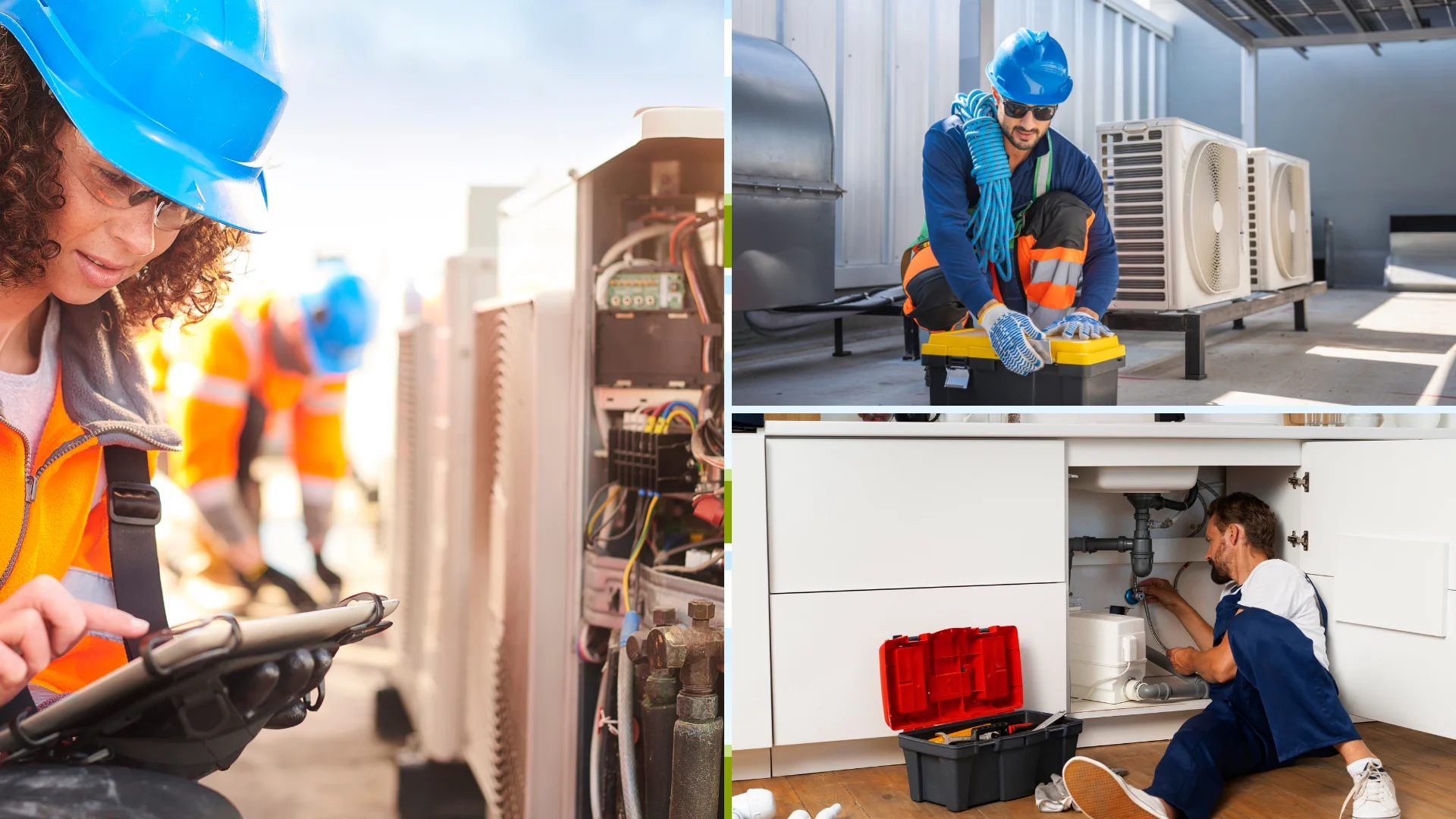 3 contractors, electrical, plumbing and hvac working in their fields